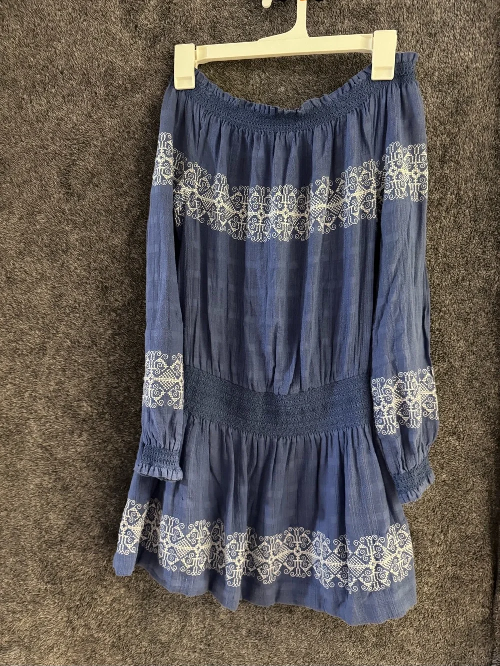 Tory Burch Blue Off-Shoulder Embroidered Long-Sleeve Dress